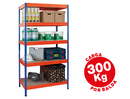 ESTANTERIA METALICA AR STORAGE 192X100X50CM 5 ESTANTES 300KG POR ESTANTE BANDEJAS DE MADERASIN TORNILLOS AZUL NARANJA