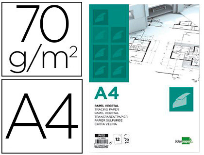 PAPEL VEGETAL LIDERPAPEL A4 70GR 210X297MM SOBRE DE 12 HOJAS
