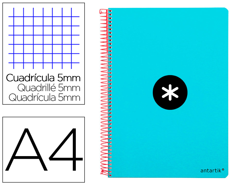 CUADERNO ESPIRAL LIDERPAPEL A4 MICRO ANTARTIK TAPA DURA 80H 100 GR CUADRO 5MM SIN BANDAS 4 TALADROS COLOR TURQUESA