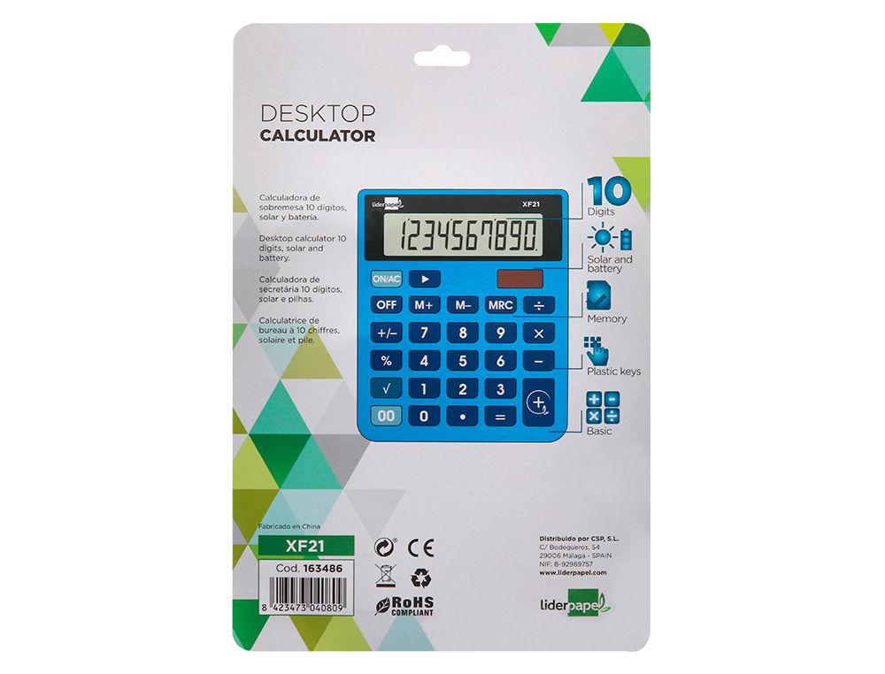 CALCULADORA LIDERPAPEL SOBREMESA XF21 10 DIGITOS SOLAR Y PILAS COLOR AZUL 127X105X24 MM