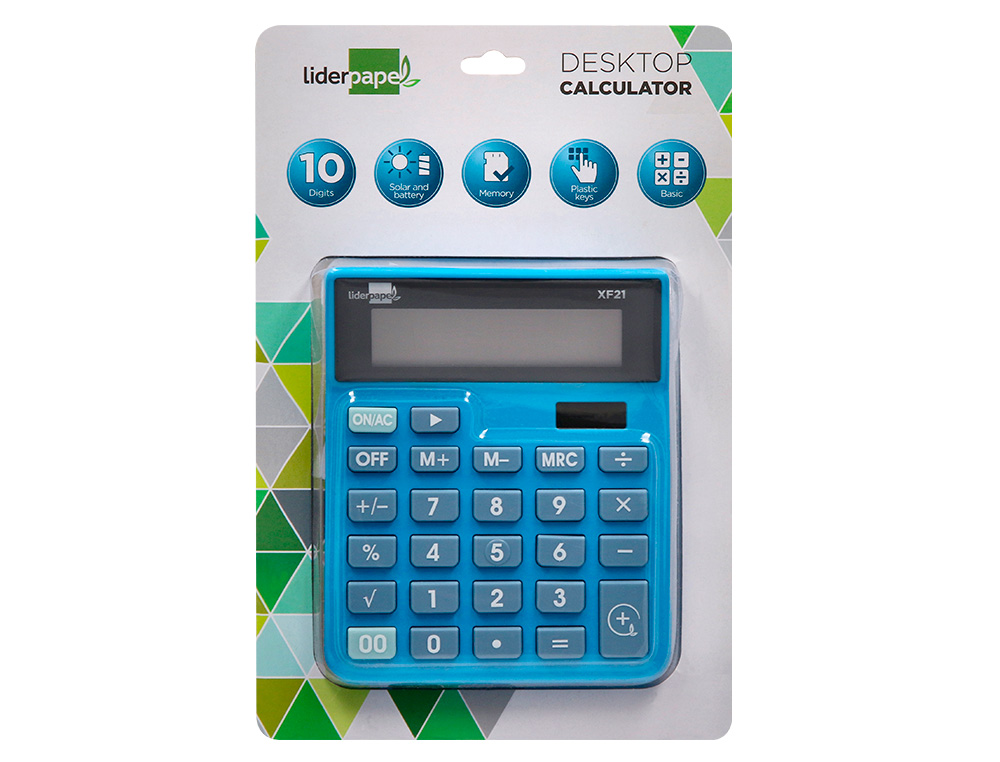 CALCULADORA LIDERPAPEL SOBREMESA XF21 10 DIGITOS SOLAR Y PILAS COLOR AZUL 127X105X24 MM