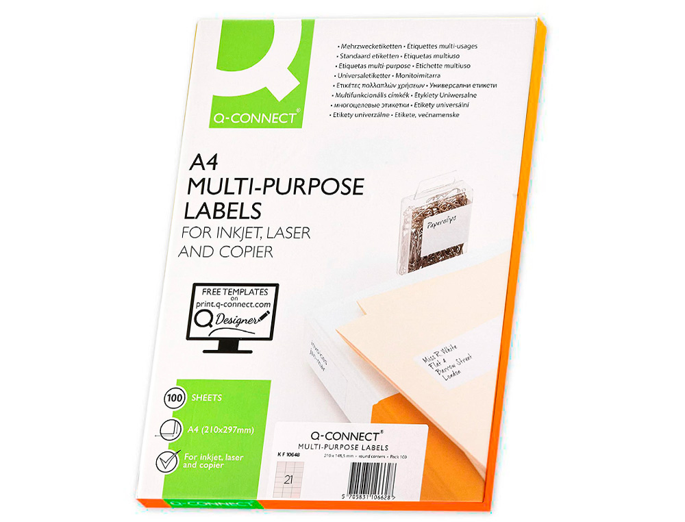 ETIQUETA ADHESIVA Q-CONNECT KF10648 TAMAÑO 70X42 MM FOTOCOPIADORA LASER INK-JET CAJA CON 100 HOJAS DIN A4