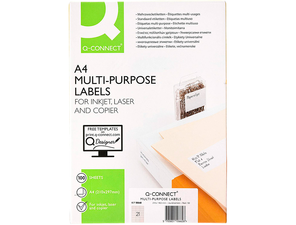 ETIQUETA ADHESIVA Q-CONNECT KF10648 TAMAÑO 70X42 MM FOTOCOPIADORA LASER INK-JET CAJA CON 100 HOJAS DIN A4