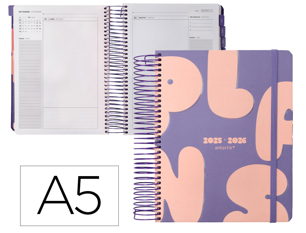 AGENDA ESCOLAR ANTARTIK 25-26 ESPIRAL PLANS MORADO DIA PAGINA A5 BILINGE PAPEL FSC 80 GR
