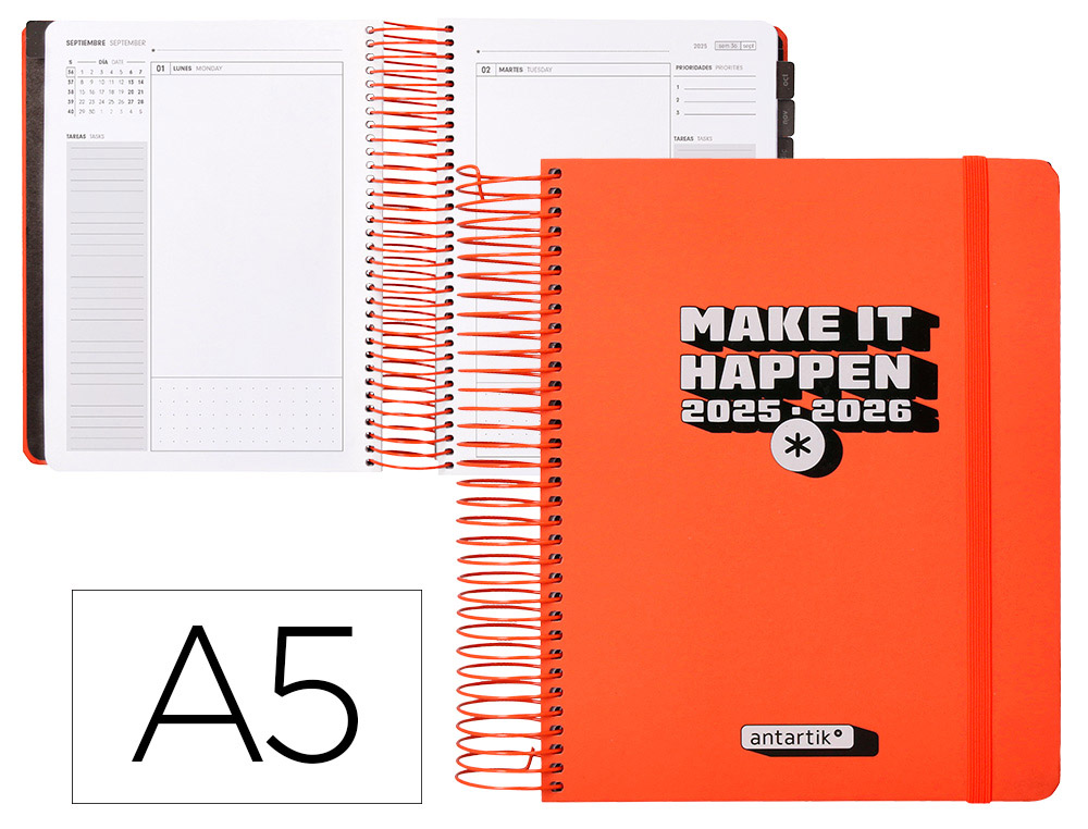 AGENDA ESCOLAR ANTARTIK 25-26 ESPIRAL NEON ROSA DIA PAGINA A5 BILINGE PAPEL FSC 80 GR