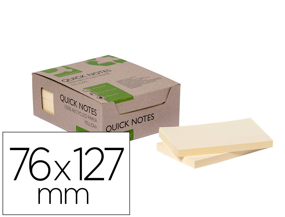 BLOC DE NOTAS ADHESIVAS QUITA Y PON Q-CONNECT 76X127 MM 100% PAPEL RECICLADO AMARILLO EN CAJA DE CARTON