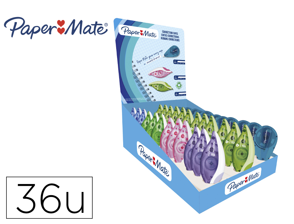 CORRECTOR PAPER MATE CINTA DRYLINE GRIP EXPOSITOR DE 36 UNIDADES COLORES SURTIDOS