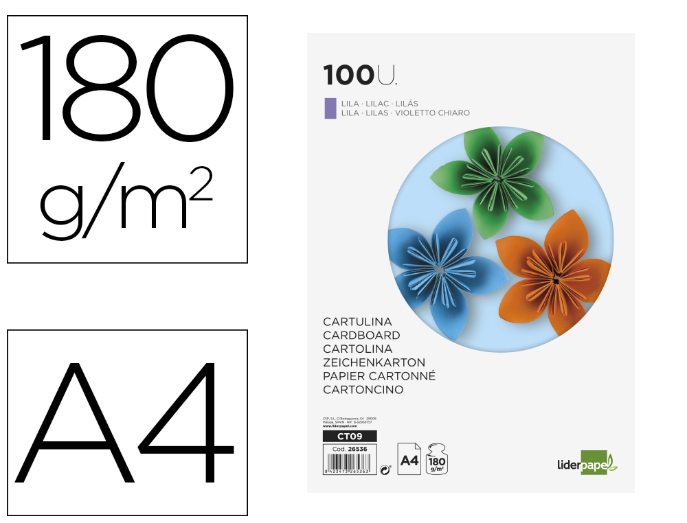 CARTULINA LIDERPAPEL A4 180G/M2 LILA PAQUETE DE 100 HOJAS