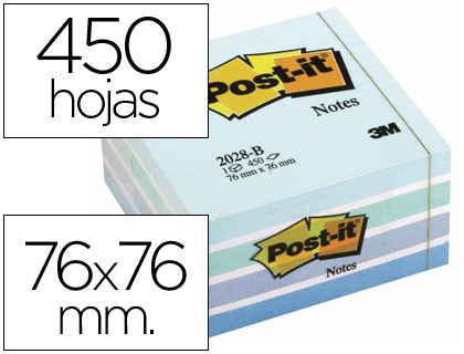 BLOC DE NOTAS ADHESIVAS QUITA Y PON POST-IT 76X76 MM CUBO COLOR AZUL PASTEL 450 HOJAS