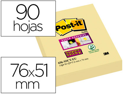 BLOC DE NOTAS ADHESIVAS QUITA Y PON POST-IT SUPER STICKY 51X78 MM CON 90 HOJAS AMARILLO CANARIO